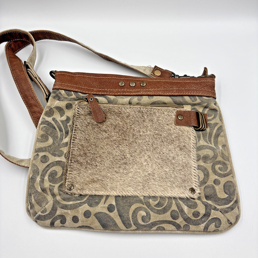 Myra Bag Hide & Floral Print Small Crossbody Bag Cotton Carve Leather Fur